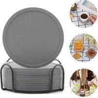 OKWISH Getränkeuntersetzer 12er Gläser Untersetzer Set Glasuntersetzer Tischuntersetzer Rund 10cm, Silikonuntersetzer mit Edelstahl Halter Durchmesser 10 cm aus Silikon, 12-tlg., Rutschfest und Isoliert für Getränke Glas Tassen Bar usw