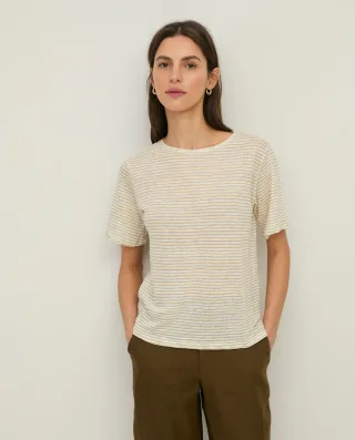 yerse - Gestreifte Bluse mit Rundhalsausschnitt und kurzen Ärmeln beige - Gr. - L