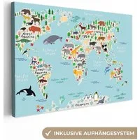 OneMillionCanvasses® Leinwandbild Weltkarte - Kinder - Tiere - Blau - Orca - Wal, Fotodruck (1 St), Leinwand Bilder Klein, Wand Dekoration Aesthetic 30x20 cm