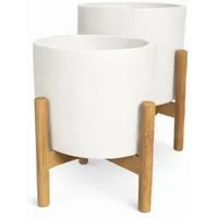 COFI 1453 Blumentopf Set 2er Weiß mit Holzständer Pflanzgefäße modern (2 St)