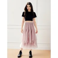 DEBAIJIA Meshrock Damen Röcke Lang Hoch Elastische Taille Elegant