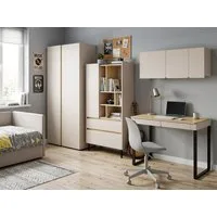 Beautysofa Jugendzimmer-Set LICO im modernen Stil, (Kinderzimmer Möbel grifflos, Set 4-teilig Kleiderschrank Bücherregal Schreibtisch Hängeregal), moderne Farben Sandbeige oder Eukalyptus