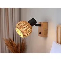 meineWunschleuchte Wandstrahler Rattanlampe mit Holz & Schalter, ohne Leuchtmittel, innen Wand-Lampe, Nachttischlampe Bett, Wandleuchte skandinavisch
