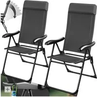 tectake Campingstuhl Faltbarer Aluminium Gartenstuhl mit Kopfpolster, 57 x 65 x 112 cm (Outdoor Klapptstuhl Müritz für Außen in Anthrazit, 2 St), Textilene-Gewebe, wetterfest und UV-beständig, Belastbarkeit 120 kg