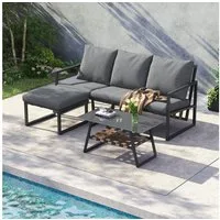 Flieks Gartenlounge-Set, (3-tlg), 4-Sitzer Gartenmöbel Balkonset mit verzinktem Stahl + Glastischplatte