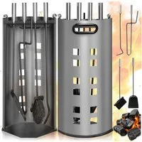 tectake Grillbesteck-Set 5-tlg. Kaminwerkzeug-Set 23 x 14,5 x 58 cm, inkl. Sichtschutz, (Ofenbesteck-Set, 5 tlg., in grau), Schürhaken/Zange/Besen/Schaufel/Halter, Edelstahlgriffe, Gummigriff