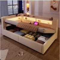 Merax Daybett 90x200cm mit LED-Beleuchtung und USB&Typ-C Ladefunktion (Jugendbett Einzelbett Sofabett, 1 tlg), Tagesbett mit hydraulischem Stauraum & Staufächern, Schlafsofa, Leinen