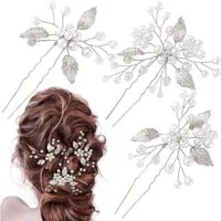 MOPUEA Haarspange Perlenbraut Hochzeit Haarnadeln,Blatt Kopfstück Blume,3 Stück,Silber