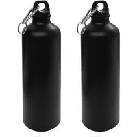 HAC24 Trinkflasche 2x Alu Wasserflasche Sportflasche Fahrradflasche Aluflasche, Aluminium Matt Schwarz 750 ml mit Karabiner