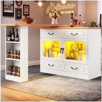 Flieks Bartisch 360° drehbar Stehtisch & Kommode mit Led-Beleuchtung und 4 Schubladen (Holzoptik Arbeitsplatte Länge 135-203 cm, 2-St., 2er Set), schwenkbar Esstisch mit Sideboard Küchenschrank Weiß