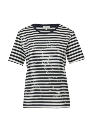 s.Oliver Red Label - T-Shirt mit Streifenmuster und floralem Frontprint weiß/blau - Gr. - 44