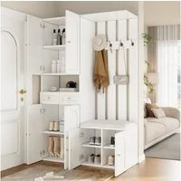 BlingBin Garderoben-Set Schuhschrank Garderobenständer Flurgarderoben, (1-St., mit Schuhbank und schuhrank,4 Haken,6 Türen,2 Schublade), Weiß,110×180×37cm