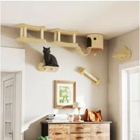 PawHut Katzen-Kletterwand Kletterwand Katzen, 5-teilig Katzen Wandelemente, mit Kratzstamm, für Katzen bis 5 kg, Plüsch, Beige