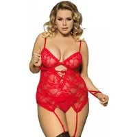 Lau-Fashion Negligé Dessous Rot Corsage Reizwäsche Strapshalter Spitze Tanga L/XL