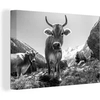 OneMillionCanvasses® Leinwandbild Eine Alpenkuh vor einem klaren Himmel - schwarz-weiß, (1 St), Leinwand Bilder Klein, Wand Dekoration Aesthetic 30x20 cm
