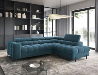 Ecksofa mit Schlaffunktion Sofa AMARA Stoff Aphrodite Dunkelblau Ottomane Rechts