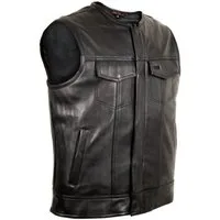 MDM Motorradweste Motorrad Lederweste im Clubstyle Jeanswesten Stil ohne Kragen schwarz, mit Brusttaschen, ohne Kragen