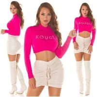 Koucla Strickpullover Crop Top Feinstrick Pullover bauchfrei Pink mit Strass Rundhalsausschnitt mit Stehkragen