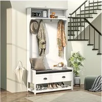 HOMCOM Garderobenständer 2-in-1, mit 4 Haken, Schuhbank und Ablagen, Kippschutz, (Kleidungsständer, 1 St., Garderobe), für Eingangsbereich, Flur, Schlafzimmer, Weiß+Grau