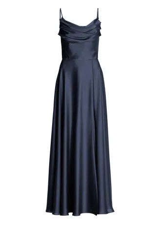 SWING - Abendkleid aus nachhaltigem Satin mit Wasserfall-Ausschnitt und Beinschlitz navy