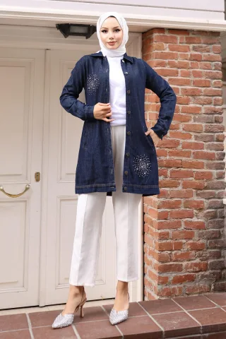 Stein Detailed Denim Hemd Dunkelblau-Denim