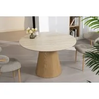 riess-ambiente Esstisch UNIQUE 120cm hellbraun / natur · runder Küchentisch mit Keramik-Platte (Einzelartikel, 1-St), 4 Personen · Säulenfuß · Eiche-Echtholzfurnier · Travertin-Design