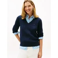 Tommy Hilfiger Strickpullover CO CABLE FINE GG V-NK LS SWT Baumwolle, mit Zopfmuster