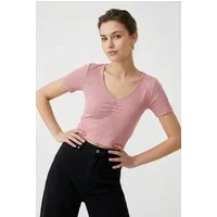 ONLY Kurzarmshirt ONLBETTY LIFE S/S SCALLOP V-NECK CC JRS mit Raffung am Ausschnitt