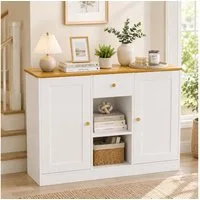 Yorbay Sideboard Kommode mit Doppeltür, 1 Schublade und 2 offenen Regalböden (Set, Weiß und helle Holzfarbe), Weißer Schrank mit 3 goldenen Griffen 108x35x75cm (BxTxH)