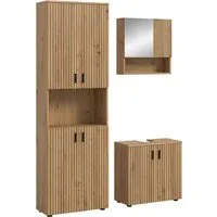 welltime Badmöbel-Set MANI, 3-tlg. Badkombination, Paneeloptik, (Set, 3-St., Set, best. aus: 1Hochschrank,1Waschbeckenunterschrank,1Spiegelschrank), Bad-Kombination, Bad-Möbel, Badezimmer, Kombination, Kombi