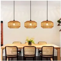 Nettlife Pendelleuchte Rattan 3 flammig Höhenverstellbar Boho E27 Hängeleuchte, Kurzballon-Flecht, Ohne Leuchtmittel, für Schlafzimmer Wohnzimmer/Ohne Leuchtmittel