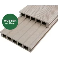 Woodstore24 Terrassendielen WPC Hohlkammerdiele 25 mm 3D-Holzoptik hellgrau, 5-Kammer, geriffelt, 25 mm Stärke, (Packung, 1-St., Handmuster 20 cm), Komplettset, Unterkonstruktion, Holzoptik, wetterfest, rutschfest
