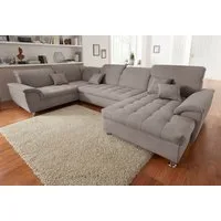 DOMO collection Wohnlandschaft FRANZI optional mit Bettfunktion, Bettkasten & Kopfteilverstellung, U-Form, Recamiere rechts, taupe, B/T: 352/214 cm