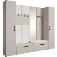 Beautysofa Garderobenschrank mit gepolsterten Paneelen und Spiegel MARGARET XL (zwei praktische Schuhschränke und zwei komfortable Kleiderschränke mit Kleiderstangen) mit dekorative Lamellen und praktischen Kleiderhaken