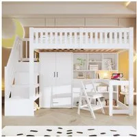 Flieks Hochbett Kinderbett 90x200cm mit Kleiderschrank Schreibtisch Stauraumtreppe