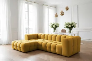 Ecksofa Designersofa SOLVIE in Stoff Tiffani Honiggelb Ottomane Links