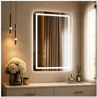 SaniteModar Badspiegel mit doppelten LED-Lichtleisten, dimmbar, Antibeschlagfunktion (1-St), LED Badezimmerspiegel mit dreifarbigem Licht, 50 × 70 cm