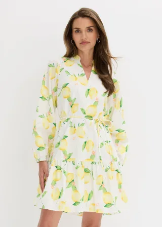 bonprix Tunika-Kleid aus reiner Baumwolle, weiß, Gr.50, sommerliches Tunika-Kleid aus reiner Baumwolle mit Zitronen-Print, aus 100% Baumwolle