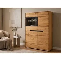 Massivart® Highboard 93 cm Breite Massivholz Wildeiche geölt »ARAYA«, 1 Glastür · 3 Drehtüren · 4 Einlegeböden · schwarze Griffmulden