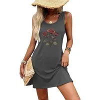 PYLIKE Sommerkleid Damen lockeres Sommerkleid mit Rose Print – T-Shirt Tank Strandkleid Bequem für Freizeit und Büro,Strandurlaub
