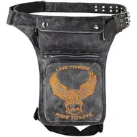 Alpha Speeds Beintasche / Bauchtasche aus Leder (Motorrad & Freizeit) Retro Grau Orange Adler, hochwertiges Echtleder, 3 Frontfächer & 1 großes Rückfach