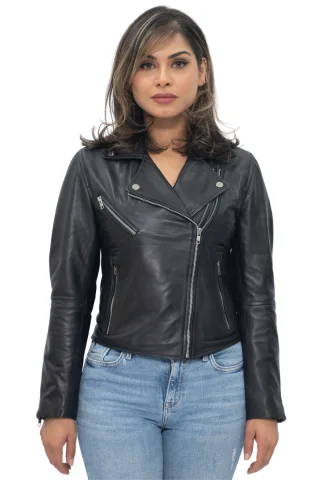 Klassische Damen-Retro-Bikerjacke aus rotem Nappaleder-Bergen