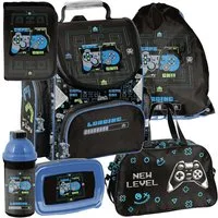 PASO Schulrucksack Mega-Set Game On! Gamer Schulset 6tlg. (Schulranzen + Turnbeutel + Federmäppchen + Lunchbox + Trinkflasche + Sporttasche, 6-tlg)