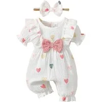 Lapastyle Strampler Süßer weißer Strampler und Stirnband mit Herzmuster für Babymädchen (Set, 2-tlg) Sommer Babykleidung aus Baumwolle, mit Rüschen und Rosa Schleife