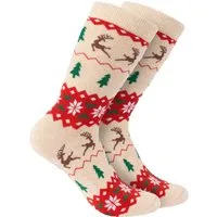 BRUBAKER Socken Weihnachtssocken für Damen und Herren - Weihnachtsmuster Beige (Weihnachtsmotiv, 1-Paar, Lustige Freizeitsocken) Baumwolle Socken Weihnachten - Unisex Baumwollsocken