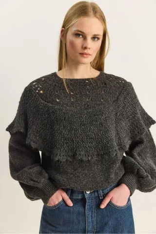 Rippstrick Bootsausschnitt Dickes Sweatshirt mit Volants Detail