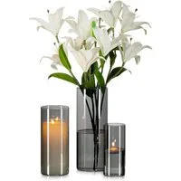 LuxusKollektion Tischvase Graue Glasvase Zylinder Vase Rund 3er Set Moderne Wohnzimmer Deko