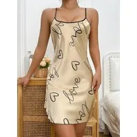 Elegant Love Nachthemd Sexy Negligee für Damen, Nachtwäsche aus Satin (1-tlg) Rückenfreie Loungewear mit Herz- und Buchstabendruck