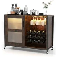 KOMFOTTEU Weinschrank Barschrank mit Beleuchtung, Rollen, Weinregal & Glashalter