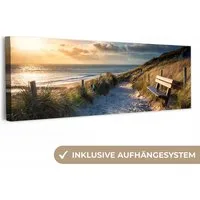 OneMillionCanvasses® Leinwandbild Panorama Sonnenuntergang - Strand - Düne - Gras - Bank, Fotodruck (1 St), Wandbild, Deko Schlafzimmer Wohnzimmer Flur 60x20 cm